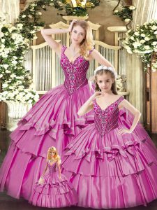 Organza V-neck Sleeveless Lace Up Beading and Ruffled Layers Sweet 16 Dresses in Fuchsia