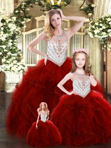 Exquisite Sleeveless Tulle Floor Length Lace Up 15th Birthday Dress in Wine Red with Beading and Ruffles