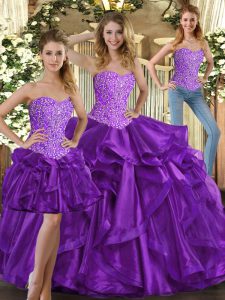 Dynamic Floor Length Lace Up Quinceanera Gowns Eggplant Purple for Military Ball and Sweet 16 and Quinceanera with Beading and Ruffles
