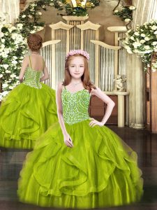 Luxurious Spaghetti Straps Sleeveless Lace Up Child Pageant Dress Olive Green Tulle