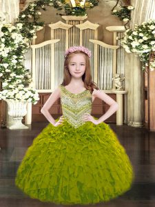 Floor Length Lace Up Pageant Dress for Teens Olive Green for Party and Quinceanera with Beading and Ruffles