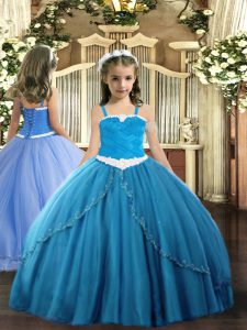Ball Gowns Sleeveless Blue Little Girl Pageant Gowns Sweep Train Lace Up