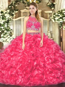 Eye-catching Floor Length Coral Red Quinceanera Gown Organza Sleeveless Beading and Ruffles