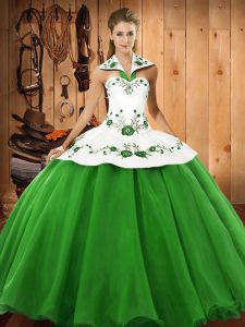 Green Ball Gowns Satin and Tulle Halter Top Sleeveless Embroidery Floor Length Lace Up Quinceanera Dresses