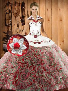 Exceptional Multi-color Ball Gowns Embroidery Quince Ball Gowns Lace Up Fabric With Rolling Flowers Sleeveless