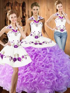 Enchanting Halter Top Sleeveless Fabric With Rolling Flowers Sweet 16 Dress Embroidery Lace Up
