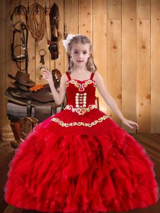 Amazing Red Straps Lace Up Embroidery and Ruffles Pageant Dress Sleeveless