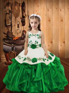 Popular Organza Straps Sleeveless Lace Up Embroidery and Ruffles Pageant Dress for Girls in Green