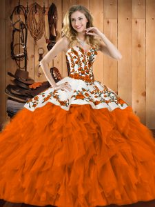 Glamorous Rust Red Sleeveless Embroidery and Ruffles Floor Length Quince Ball Gowns