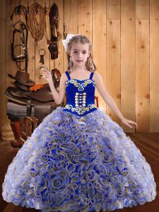 Fabric With Rolling Flowers Straps Sleeveless Lace Up Embroidery and Ruffles Kids Pageant Dress in Multi-color