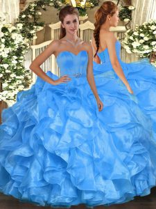 Baby Blue Sleeveless Organza Lace Up Juniors Party Dress for Military Ball and Sweet 16 and Quinceanera