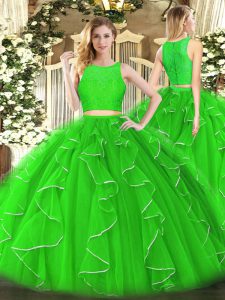 Green Organza Zipper Scoop Sleeveless Floor Length Vestidos de Quinceanera Lace and Ruffles