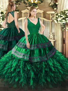 Beauteous Dark Green Sleeveless Floor Length Beading and Lace and Ruffles Backless Quince Ball Gowns