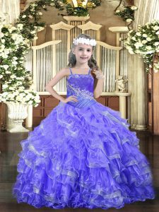 Lavender Sleeveless Floor Length Beading and Ruffled Layers Lace Up Pageant Gowns