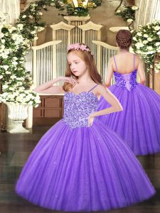 Spaghetti Straps Sleeveless Pageant Dress for Teens Floor Length Appliques Lavender Tulle