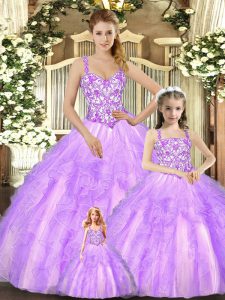 Floor Length Lilac 15th Birthday Dress Straps Sleeveless Lace Up