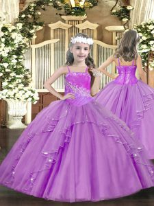 Floor Length Lilac Pageant Dress Wholesale Tulle Sleeveless Ruffles and Sequins