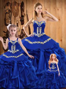 Edgy Embroidery and Ruffles Ball Gown Prom Dress Royal Blue Lace Up Sleeveless Floor Length