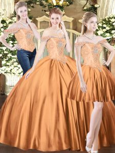 Off The Shoulder Sleeveless Quinceanera Dresses Floor Length Beading Brown Tulle