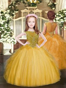 Ball Gowns Little Girls Pageant Dress Gold Scoop Tulle Sleeveless Floor Length Zipper