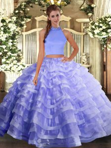 Romantic Sleeveless Floor Length Beading and Ruffled Layers Backless 15th Birthday Dress with Lavender