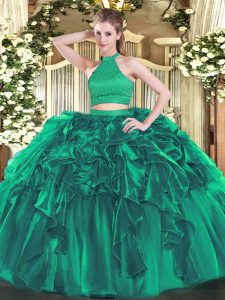 Sleeveless Organza Floor Length Backless Quinceanera Dresses in Turquoise with Beading and Ruffles
