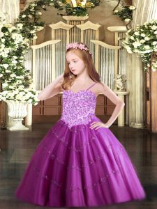 Fuchsia Tulle Lace Up Little Girls Pageant Dress Wholesale Sleeveless Floor Length Appliques