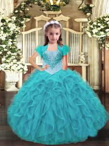 Floor Length Lace Up Evening Gowns Aqua Blue for Party and Sweet 16 and Quinceanera and Wedding Party with Ruffles