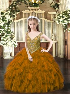 Sleeveless Lace Up Floor Length Beading and Ruffles Pageant Dress for Teens