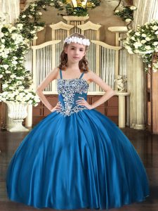 Hot Selling Blue Ball Gowns Appliques Child Pageant Dress Lace Up Satin Sleeveless Floor Length