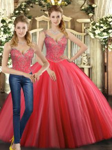 Popular Straps Sleeveless Lace Up Quinceanera Gowns Coral Red Tulle