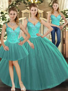 Customized Turquoise Sleeveless Floor Length Beading Lace Up 15 Quinceanera Dress