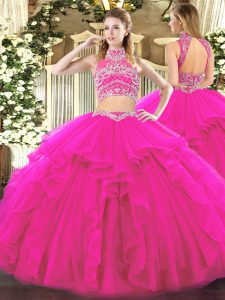 Fuchsia Sleeveless Tulle Backless Sweet 16 Dress for Military Ball and Sweet 16 and Quinceanera