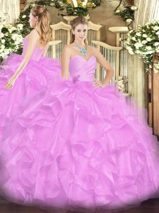 Modest Lilac Ball Gowns Organza Sweetheart Sleeveless Beading and Ruffles Floor Length Lace Up Quinceanera Gowns