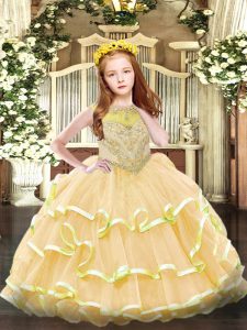 Floor Length Gold Little Girls Pageant Dress Organza Sleeveless Beading and Ruffled Layers