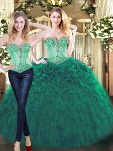 Sophisticated Green Lace Up Sweet 16 Quinceanera Dress Beading and Ruffles Sleeveless Floor Length