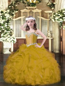 Brown Ball Gowns Beading and Ruffles Little Girls Pageant Gowns Lace Up Organza Sleeveless Floor Length