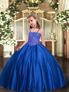 Royal Blue Ball Gowns Satin Straps Sleeveless Beading Floor Length Lace Up Custom Made Pageant Dress