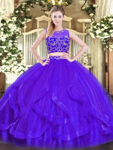 Edgy Purple Tulle Zipper 15th Birthday Dress Sleeveless Floor Length Beading and Ruffles