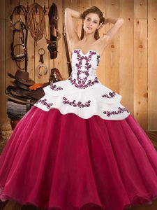 Custom Fit Ball Gowns Military Ball Gown Hot Pink Strapless Satin and Organza Sleeveless Floor Length Lace Up