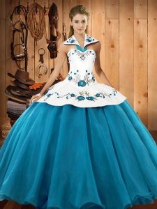 High End Teal Ball Gowns Halter Top Sleeveless Satin and Tulle Floor Length Lace Up Embroidery Quince Ball Gowns