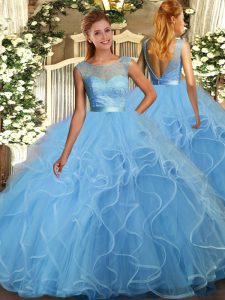 Baby Blue Ball Gowns Scoop Sleeveless Tulle Floor Length Backless Lace and Ruffles Quince Ball Gowns