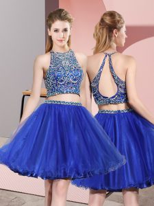 Royal Blue Two Pieces Scoop Sleeveless Tulle Mini Length Backless Beading Quinceanera Court Dresses