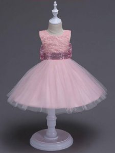 Ball Gowns Pageant Dresses Baby Pink Scoop Tulle Sleeveless Knee Length Zipper