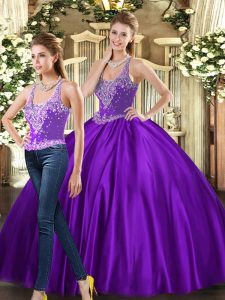 Purple Straps Lace Up Beading Quinceanera Gown Sleeveless