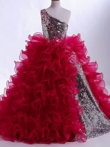 Fantastic Wine Red Zipper One Shoulder Ruffles and Sequins Pageant Dress for Teens Organza and Sequined Sleeveless