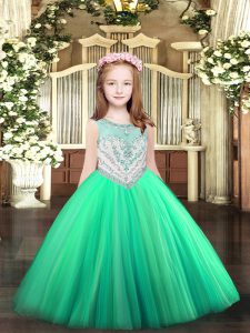 Unique Turquoise Tulle Zipper Scoop Sleeveless Floor Length Little Girl Pageant Dress Beading
