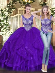 Wonderful Floor Length Purple Sweet 16 Dress Tulle Sleeveless Beading and Ruffles
