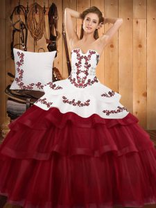 Burgundy Sleeveless Embroidery and Ruffled Layers Lace Up Quinceanera Gown