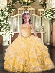 Gold Organza Lace Up Straps Sleeveless Floor Length Pageant Dress Wholesale Appliques and Ruffled Layers